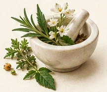 Herbs and flowers in a mortar.