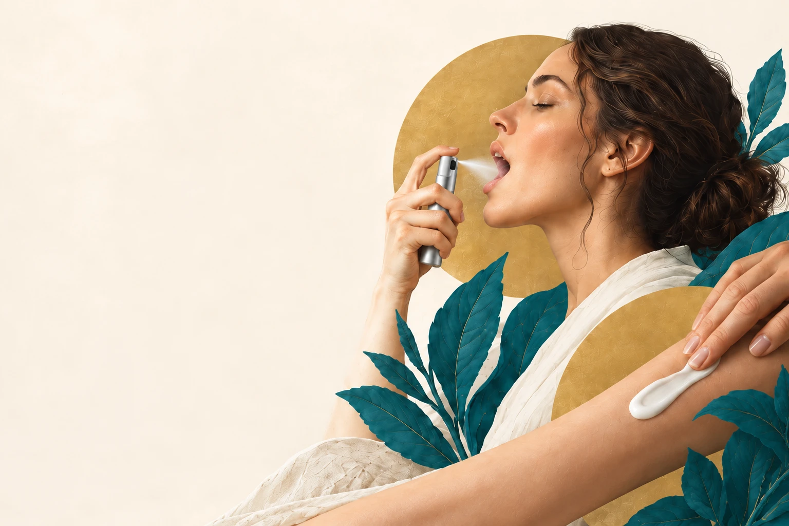 A silver oral atomizer and white lotion illustrate two delivery platforms.