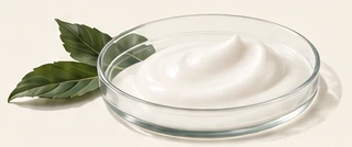Opaque white lotion in a glass formulation dish.
