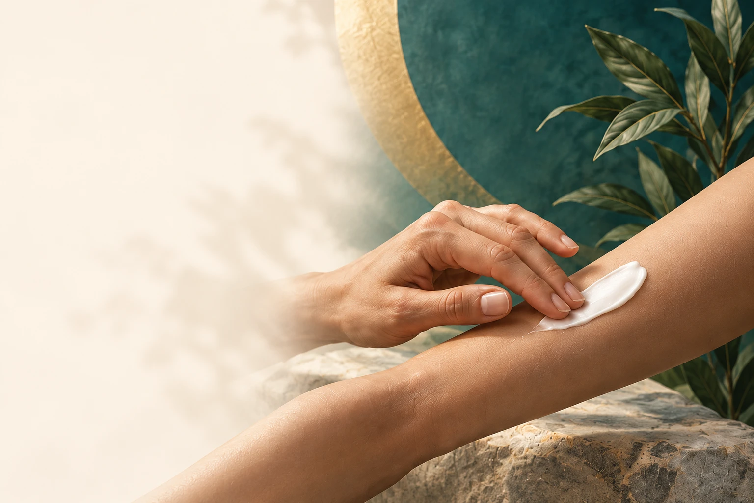 A hand gently spreading opaque white lotion onto an arm.